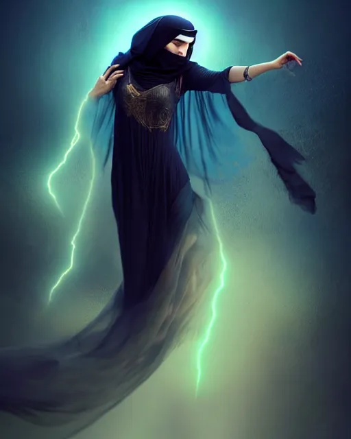 Image similar to beautiful arab woman in niqab, floating in mid - air, long flowing fabric, haunting, dancer, flowers, rain, lightning, storm, digital painting, illustration by raymond swanland and artgerm and mina petrovic and timothy kong and marina federovna, volumetric lighting, artstation