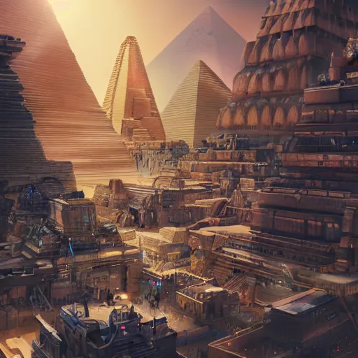 Image similar to a scene of the beautiful intricate epic futuristic pharaoh city with the cyber sphinx of giza, hovering cyber pyramid, hyper detailed, cinematic lighting