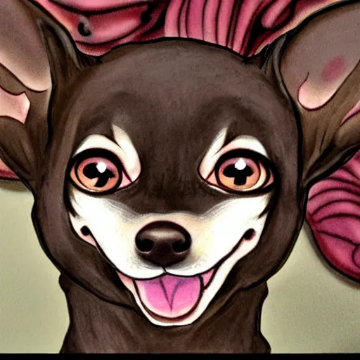 Image similar to a dark brown chihuahua, hyper detailed, in the style of junji ito!!!!!!, selfie shot straight on angle