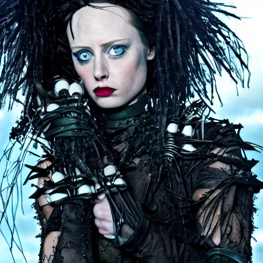 Prompt: Deborah Ann Woll as Regina Scissorhands in Edward Scissorhands Remake, (EOS 5DS R, ISO100, f/8, 1/125, 84mm, postprocessed, crisp face, facial features)