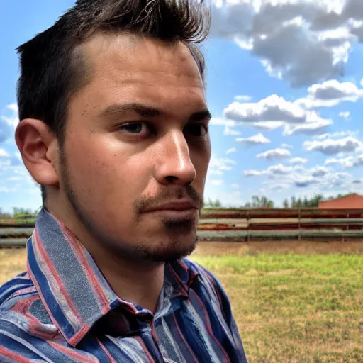 Image similar to Young man standing looking to the right in a red bandana, blue striped shirt, gray vest and a gun with a partly cloudy sky in the background. The young man is standing in front of an iron fence. Photograph. Real life