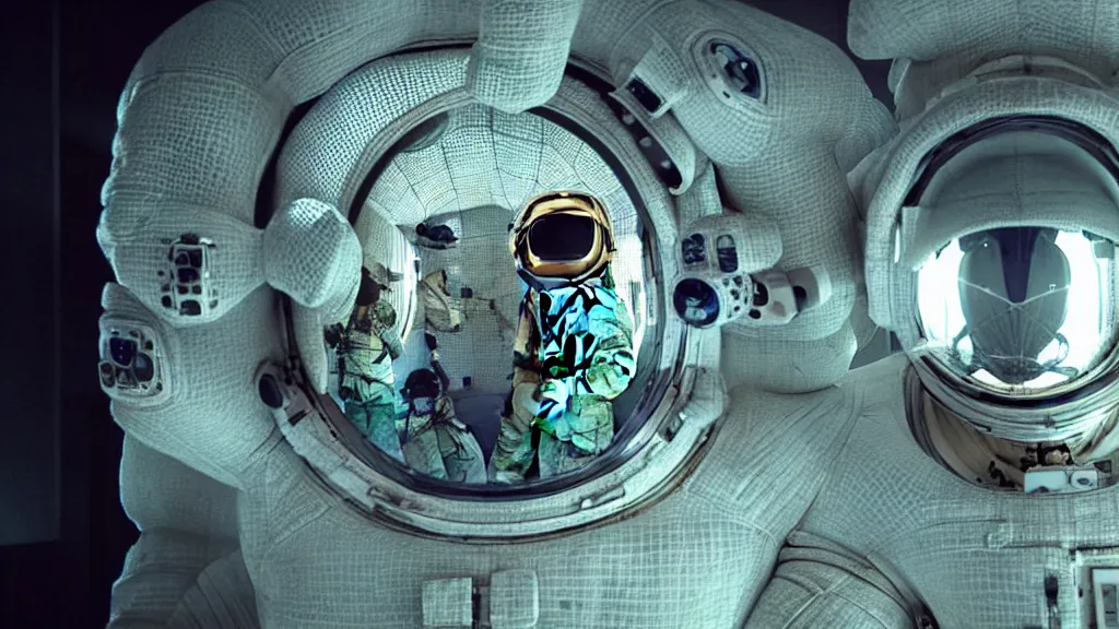 Image similar to a single astronaut eva suit interwoven with diamond 3d fractal lace iridescent bubble 3d skin and covered with insectoid compound eye camera lenses floats through the living room, film still from the movie directed by Denis Villeneuve with art direction by Salvador Dalí, wide lens,