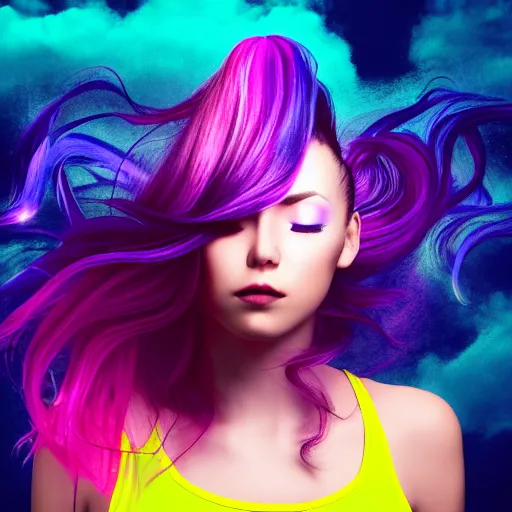 Image similar to a award winning head and torso portrait of a beautiful woman in a croptop with a ombre purple pink teal hairstyle with head in motion and hair flying, outrun, vaporware, vivid colors, highly detailed, fine detail, intricate