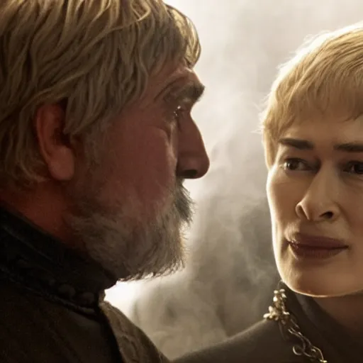 Image similar to george r r martin is inhaling smoke from cersei lannisters mouth, it is like a soul is leaving her mouth into his mouth, dramatic lighting, close up