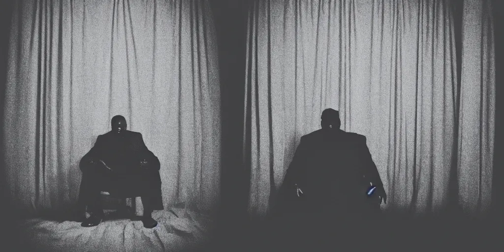 Prompt: photo style of nick fancher, portrait of silhouette of big black man sitting on throne, hazy foggy background and floor made of big curtains