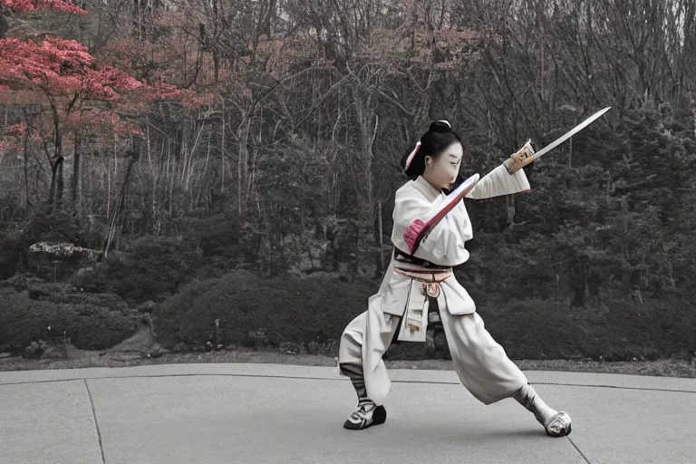 Image similar to beautiful photo of a young modern geisha samurai warrior, mt fuji in the background, mid action swing, shining silver katana sword, award winning photo, muted pastels, action photography, 1 / 1 2 5 shutter speed, dramatic lighting