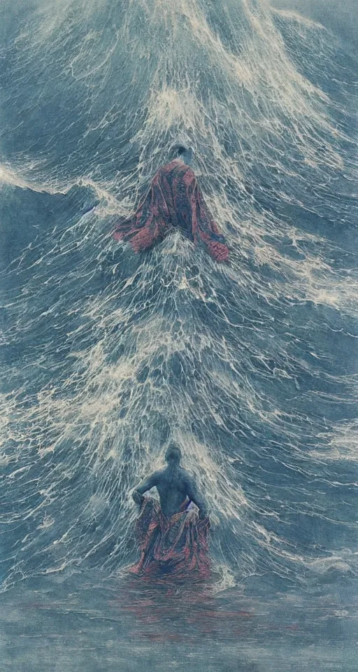 Image similar to worshippers in robes belonging to the cult of the ocean surfing in waves, on a shore, high detatiled beksinski painting, part by adrian ghenie and gerhard richter. art by takato yamamoto. masterpiece, deep colours, blue