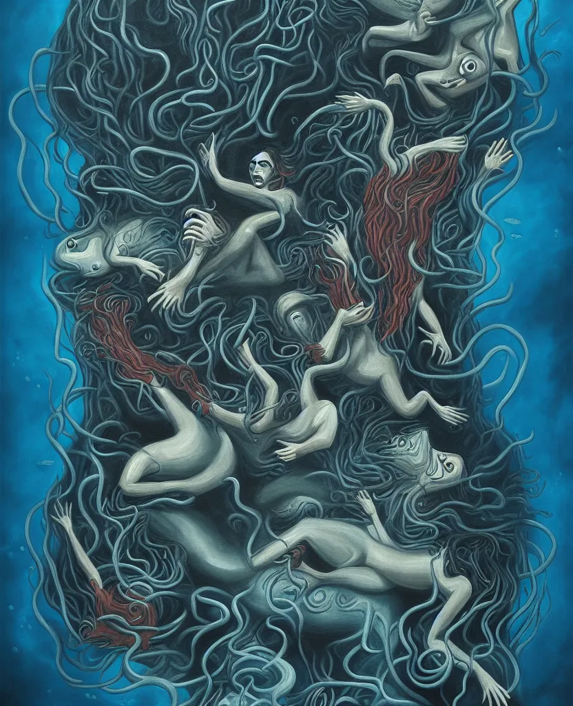 Image similar to wild emotional creatures repressed in the deep sea of unconscious of the psyche, about to rip through and escape in a revolution, painted by ronny khalil