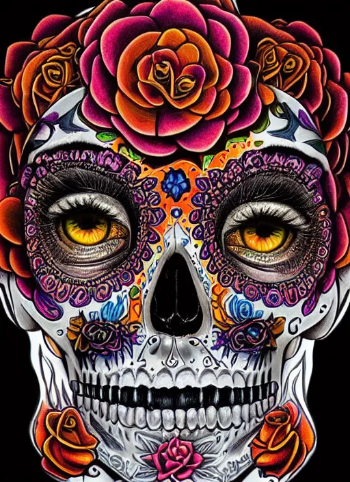 Prompt: portrait of a sugar skull, flaming eyes, intricate, highly detailed, smooth, digital illustration, the dark and quirky art of scott radke