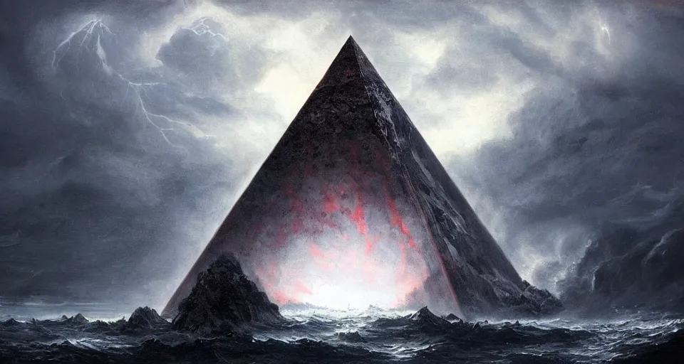 Image similar to black lovecraftian obsidian pyramid!! on a snowy island surrounded by raging stormy seas by eugene von guerard, ivan shishkin, night, red lightning!!, storm, dramatic lighting, concept art, trending on artstation, 8 k