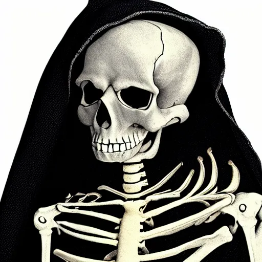 Prompt: a skeleton in black cloak