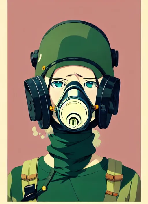 Image similar to singular girl with wearing ww 2 gas mask, ww 2 uniform, very anime!!! anime!! intricate details, aesthetically pleasing pastel colors, smoke poster background, art by conrad roset and ilya kuvshinov