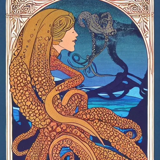 Prompt: ivan bilibin and edmund dulac and ilya kuvshinov inspired print of octopus