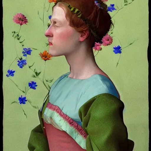 Image similar to a lot of flowers morphing in a beautiful girls face, film still by wes anderson, depicted by pontormo, limited color palette, very intricate, art nouveau, highly detailed, lights by hopper, soft pastel colors, minimalist