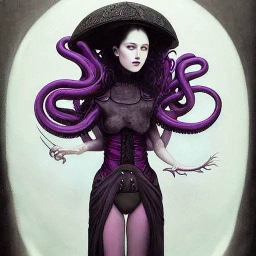 Prompt: by tom bagshaw, photorealistic body shot of a curiosities and absurdities, full gothic long dress armor made of infinite tentacles, curvy, purple black lustrous thin haircut, symmetry accurate features, focus, very intricate ultrafine details, award winning masterpiece, ultra deep fog