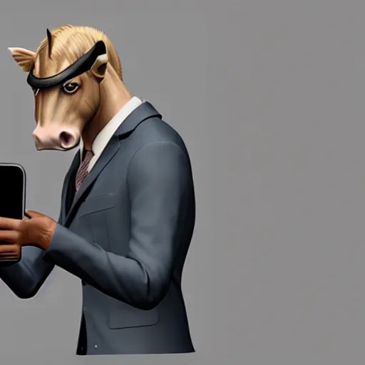 Prompt: a photorealistc horse character is wearing a suit, he is demonstrating the smartphone