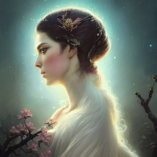 Image similar to a beautiful digital painting of a princess, princess, the moon behind her, intricate, cinematic lighting, highly detailed, digital painting, concept art, smooth, sharp focus, illustration, art by tom bagshaw, artgerm and greg rutkowski - 2 0 k