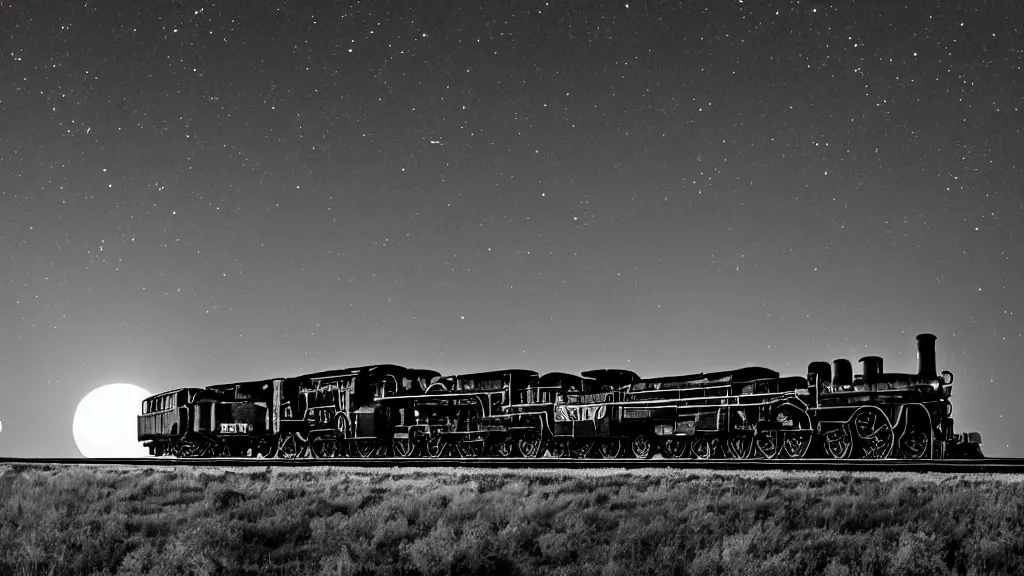 Image similar to A spectral steam locomotive pulling a train of 13 coach dimly lit by green light belching fire and smoke as it thundering across the Badlands as a ominonus moon looms in a cloudless night sky