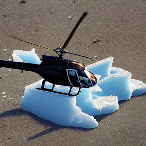 Prompt: Helicopter made of ice melting in a hot sunny savannah