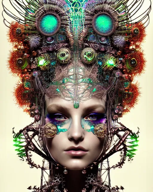 Image similar to hyperrealistic detailed portrait of a beautiful goddess in a cyber headdress, intricate cyberpunk neon make - up, art by ernst haeckel, nekro borja, alphonso mucha, h. r. giger, ornamental gothic - cyberpunk,