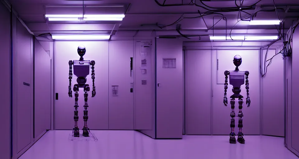 Image similar to hyperrealistic medium shot robot cyborg in wires data center server! by stanley kubrick highly detailed concept art zdzisław beksinski william gibson cinematic low purple lighting high angle hd 8 k sharp shallow depth of field