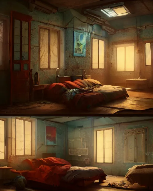 Image similar to artstation scifi scene of a shabby chinese village room in winter lounge furniture, large terrarium, beds, paneled walls, unreal engine 5, hyper realism, realistic shading, cinematic composition, blender render, octane render, hdr, detailed textures, photorealistic, wide shot