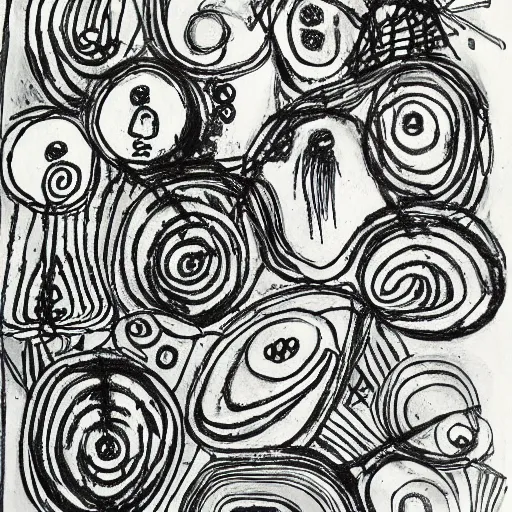 Image similar to minimalictic black and white art brut, ink, pencil