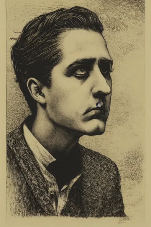 Image similar to portrait of G-Eazy, Gustave Dore lithography