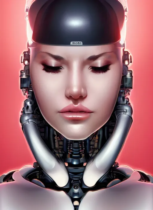 Image similar to portrait of a cyborg woman who turns her head to the ((((((right))))) left+130 (((((up))))) (((((down))))) by Artgerm,eyes closed , biomechanical, hyper detailled, trending on artstation