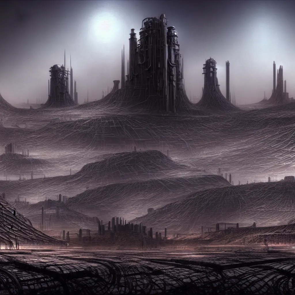 Prompt: industrial city in the desert, dune concept art by Yoshitaka Amano and H.R. Giger, monolithic structures, looming buildings, dark atmosphere, 4k, detailed,