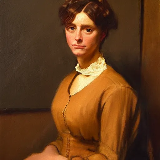 Image similar to a painting of a woman in a brown dress, a portrait by Jeanne du Maurier, cgsociety, american barbizon school, studio portrait, oil on canvas, chiaroscuro