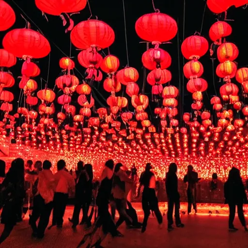 Image similar to a tiny dark black night club with a few red chinese lanterns, people's silhouettes close up, people dancing, surrealism