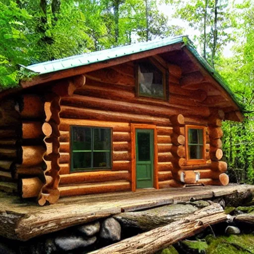 Prompt: “log cabin by waterfall”