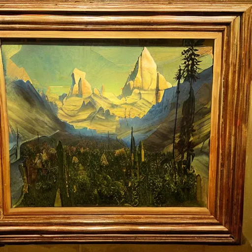 Image similar to beautiful filmed in IMAX dieselpunk painting of a beatiful scenic mountain range surrounded by grainy Zucchini hexagons, by Leonardo da Vinci and Peter Gric and Mark Rothko and Hans Andersen Brendekilde