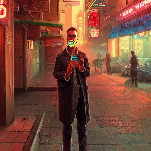 Image similar to An android smoking a cigar in a cyberpunk setting by Evgeny Lushpin, Trending on Artstation