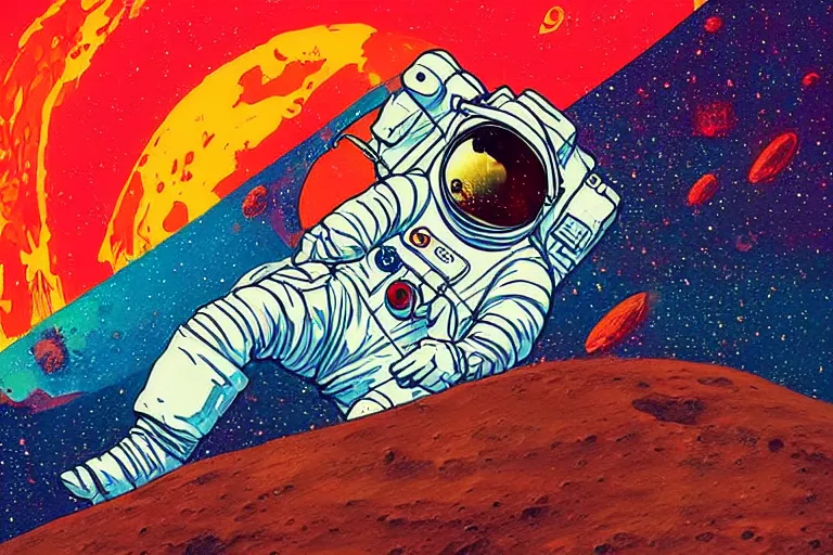 Image similar to an astronaut laying on mars in the style of flooko, acrylic art, detailed, moonlight, red lighting, bokeh, synthwave, psychedelic, glitch, neon,