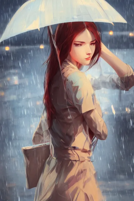 Prompt: a girl in the rain, full shot, fine - face, realistic shaded perfect anatomy, fine details. night setting. very anime style. realistic shaded lighting poster by ilya kuvshinov katsuhiro, magali villeneuve, artgerm, jeremy lipkin and michael garmash, rob rey and kentaro miura style, trending on art station