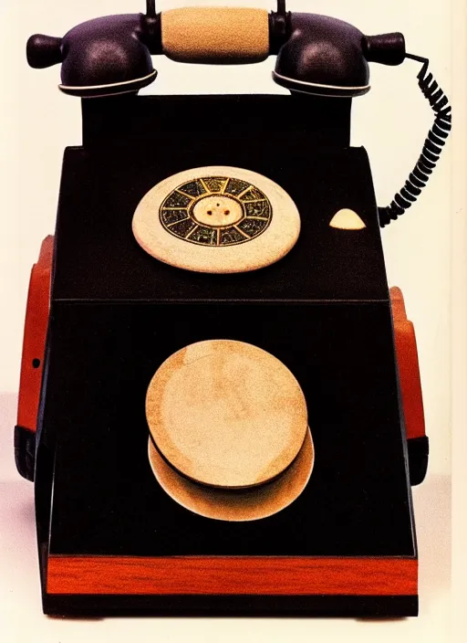 Image similar to realistic photo of a a medieval temple astronomy appliance phone, made of wood white clay fluffy fur black plastic 1 9 9 0, life magazine reportage photo, natural colors, metropolitan museum collection