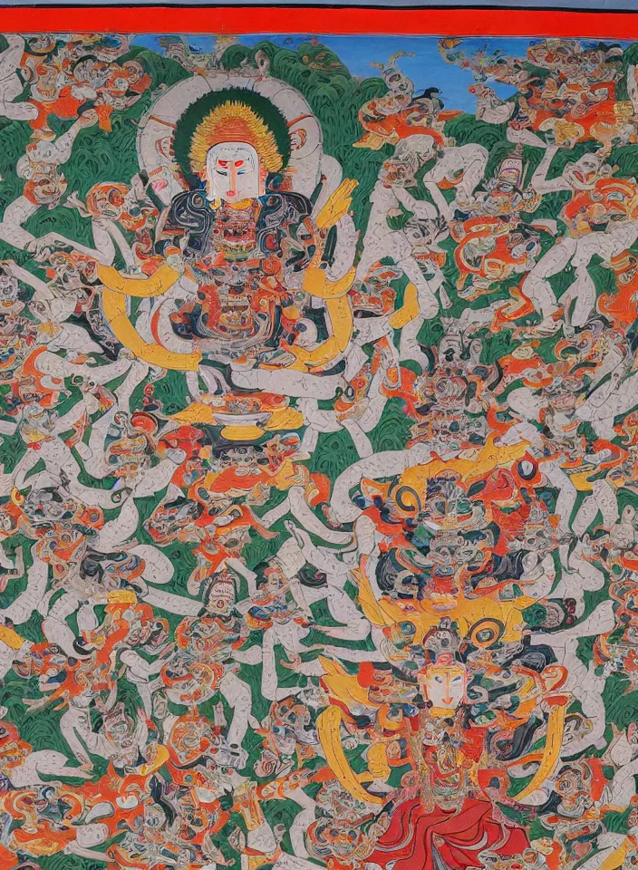 Prompt: a painting portraying a many-limbed many-headed cybernetic Yamantaka, traditional tibetan ART, boddhisatva