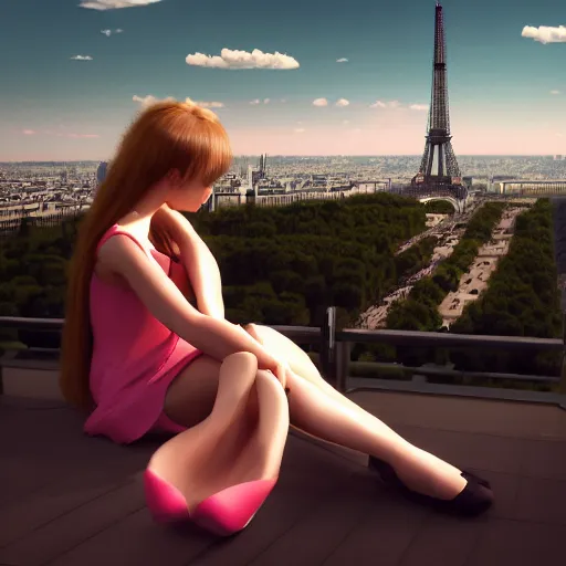 Image similar to A young beautiful giantess wearing a sundress sitting on the Eifel tower,her feet are visible and in focus ,detailed body and face, beautiful lighting,digital art , highly detailed , high contrast, beautiful lighting, award winning , trending on art station, 8k, photorealistic,unreal engine 5