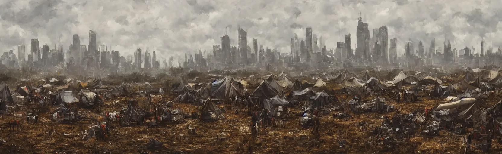 Image similar to cloudy, grey skies, american horseback knights, tent camp in foreground, fortress city of deteriorating office buildings in background upon hill, post apocalyptic, grungy; oil on canvas, artstation