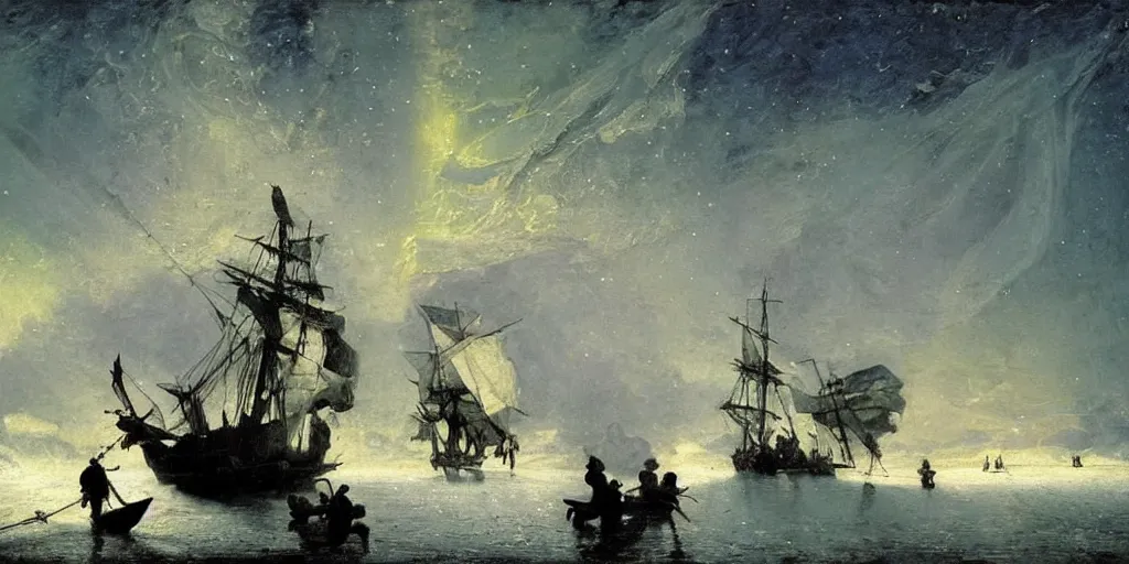 Prompt: Baroque Painting of a Pirate ship stuck in ice on cold sea by Ilya Repin. star lit sky, ultra realistic. Northern lights, Cinematic composition