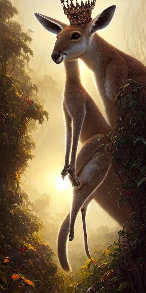 Image similar to Highly detailed portrait of a Kangaroo wearing a Crown, Stephen Bliss, unreal engine, fantasy art by Greg Rutkowski, Loish, Rhads, ferdinand knab, Makoto Shinkai and Lois van baarle, ilya kuvshinov, rossdraws, Tom Bagshaw, alphonse mucha, global illumination, radiant light, detailed and intricate environment