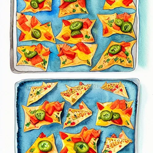 Image similar to watercolor nachos with cheese and jalapeno illustrations, white background, drawing, cartoon, in the style of shyama golden