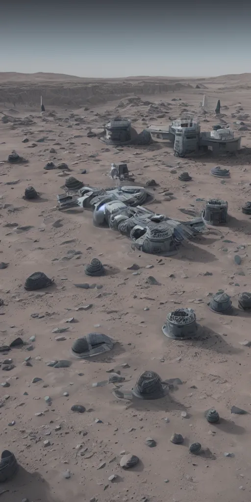 Prompt: concept art, drone aerial photography, mars base buildings, design lines, high detail, 8 k, octane rendering, unreal engine.