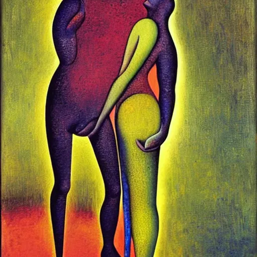 Prompt: Oil painting by Max Ernst. Strange mechanical beings kissing. Close-up portrait by Lisa Yuskavage. Paul Klee.