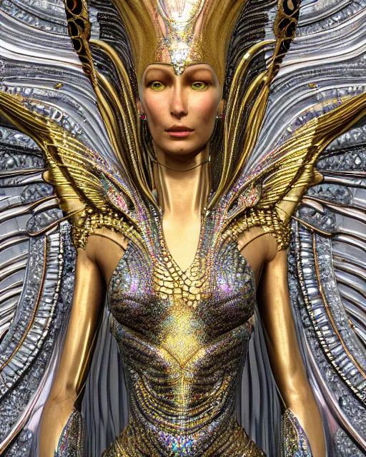 Image similar to a highly detailed metahuman 4 k close up render of an alien goddess bella hadid monument pharaoh in iris van herpen dress schiaparelli in diamonds crystals swarovski and jewelry iridescent in style of alphonse mucha gustav klimt trending on artstation made in unreal engine 4