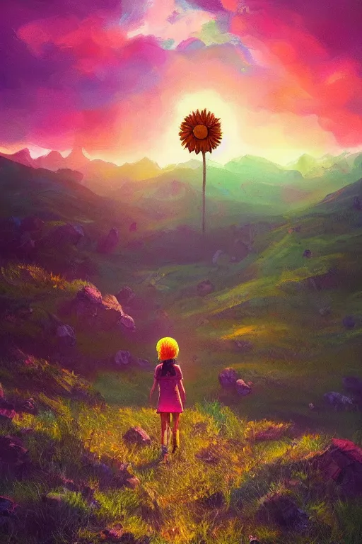 Image similar to giant daisy flower head, girl hiking in the mountains, surreal photography, sunrise, dramatic light, impressionist painting, colorful clouds, digital painting, artstation, simon stalenhag