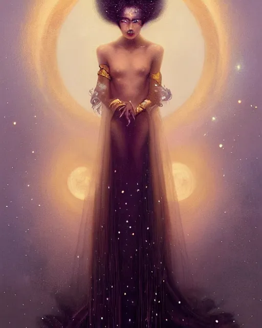 Image similar to Nocturne, glowing, stars, a portrait of a beautiful female shadow djinn creature with long fur collar, highly detailed, mysterious, ethereal, dressed in velvet and gold jewelry, haute couture, illustration, dramatic lighting, soft details, painting, by Edmund Blair Leighton, Brom, Charlie Bowater, trending on artstation, faces by Tom Bagshaw, otto schmidt