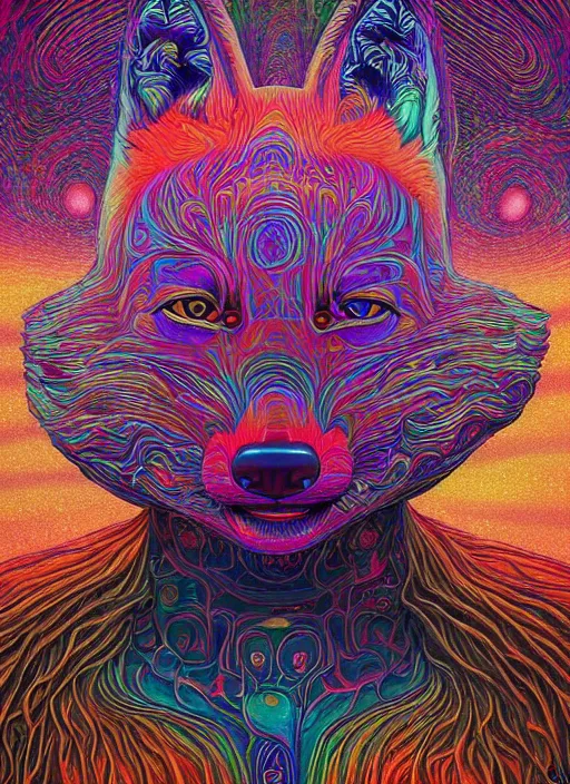 Prompt: portrait ultra dimensional fox wearing suit entity, accidentally tripping on dmt and acid, psychedelic experience, overwhelming psychosis of self realization and burning awakening, ultra high definition, unreal engine 5, hyperrealism, masterpiece composition, by casey weldon, barclay shaw